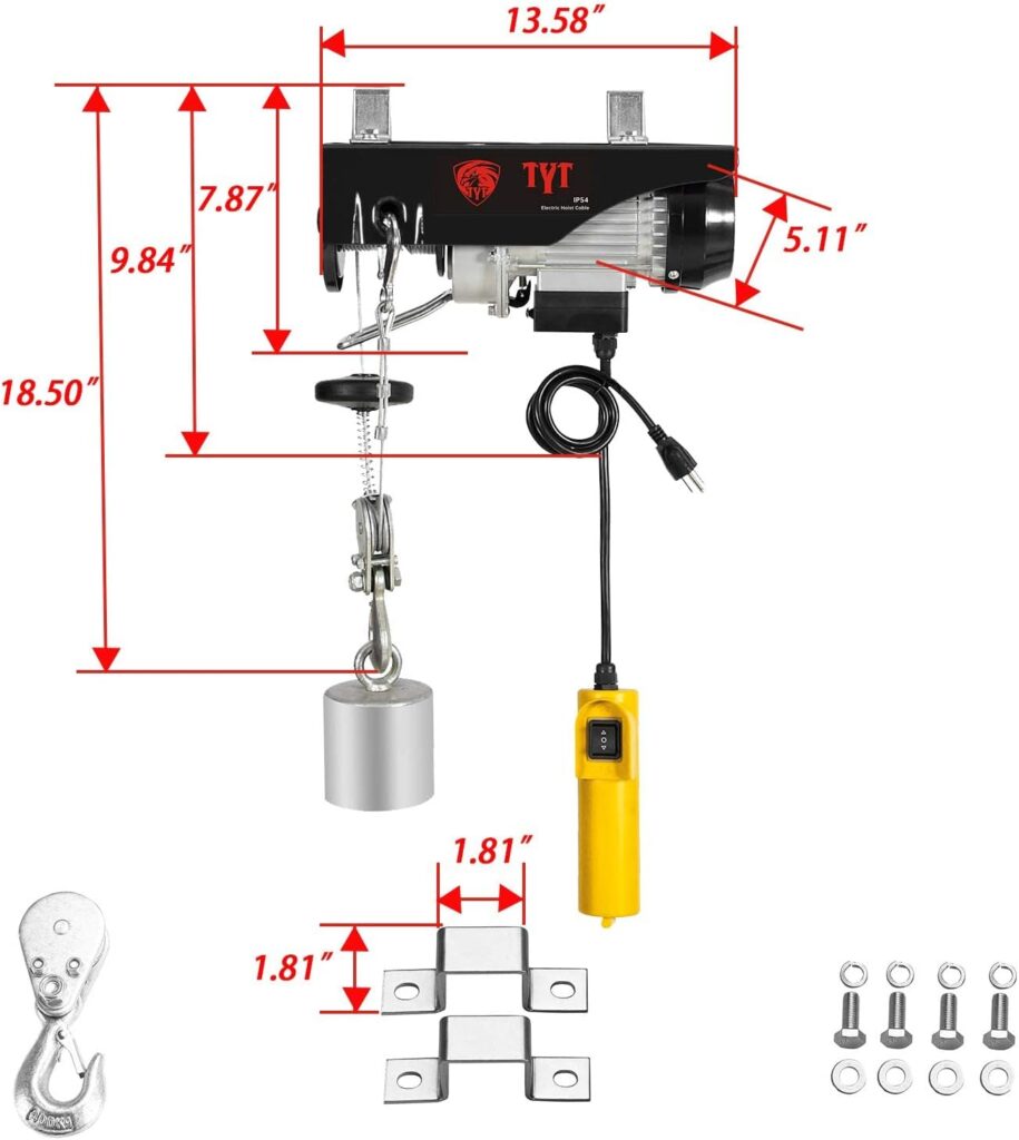 TYT 440 LBS Lift Electric Hoist, 110V Electric Hoist, Overhead Electric Pulley Winch with Remote Control for Factories, Warehouses, Construction, Building, Garage(with an Extra Galvanized Hook)