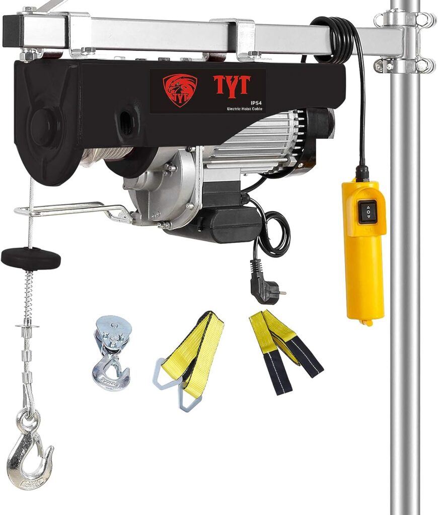 TYT 440 LBS Lift Electric Hoist, 110V Electric Hoist, Overhead Electric Pulley Winch with Remote Control for Factories, Warehouses, Construction, Building, Garage(with an Extra Galvanized Hook)