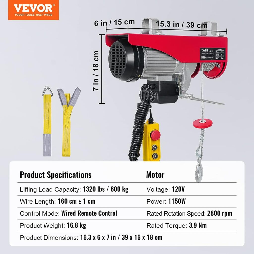 VEVOR 1320LBS Electric Hoist, Wired 2.0
