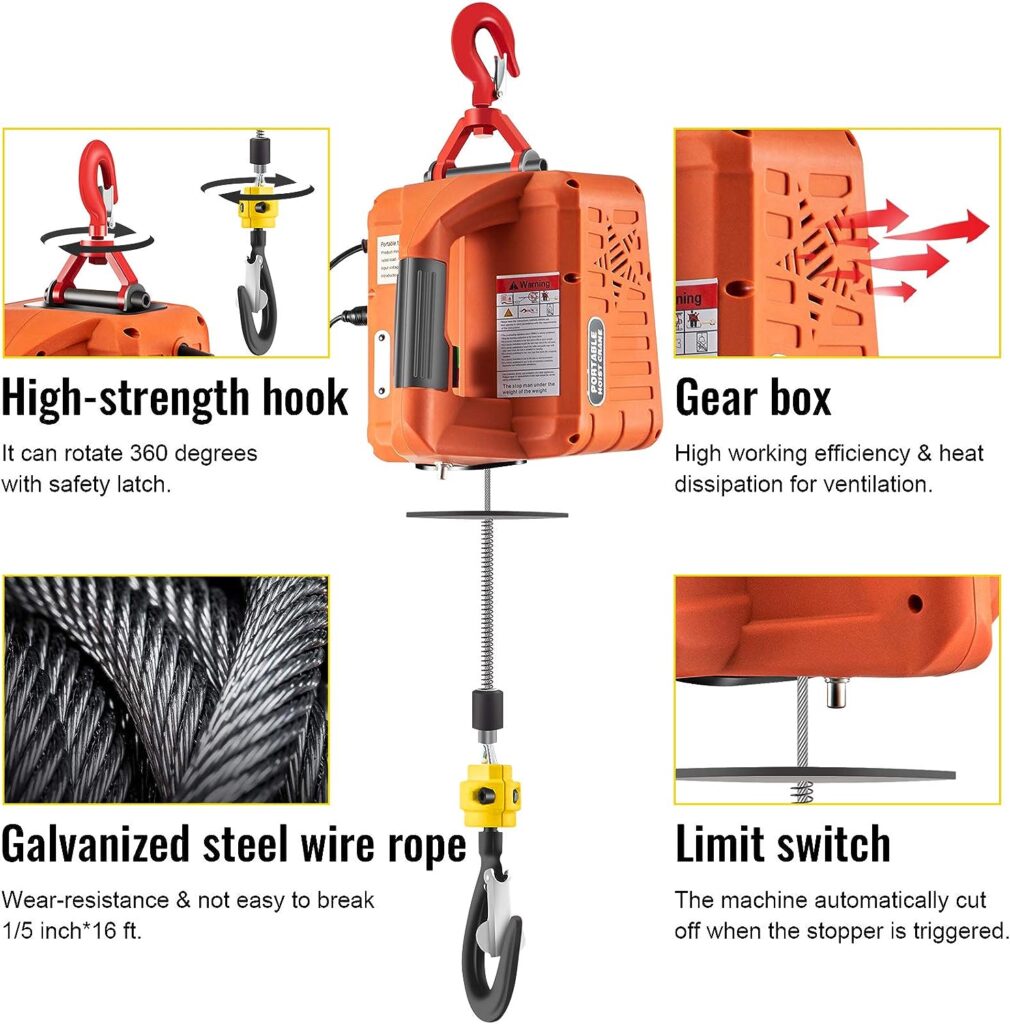 VEVOR 3-in-1 Hoist, 1100lbs Portable Electric 1500W 110V Power Winch Crane, 25ft Height, w/Wire and Wireless Remote Control, Overload Protection for Lifting Towing, Orange
