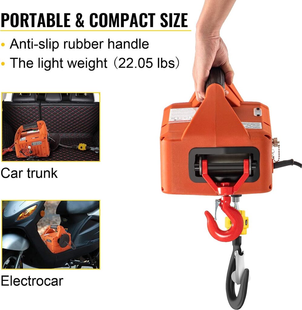 VEVOR Electric Hoist, 1500W 110V Portable Winch Crane with 1100lbs Capacity 25ft Lifting Height, Material Handling Tool w/Wire Remote Controller, for Garage, Warehouses, Factories, Orange