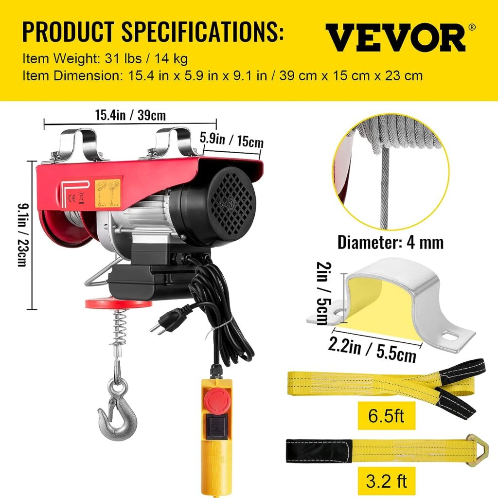 VEVOR Electric Hoist, 880LBS Electric Winch, Steel Electric Lift, 110V Electric Hoist with Remote Control  Single/Double Slings for Lifting in Factories, Warehouses, Construction Site, Mine Filed