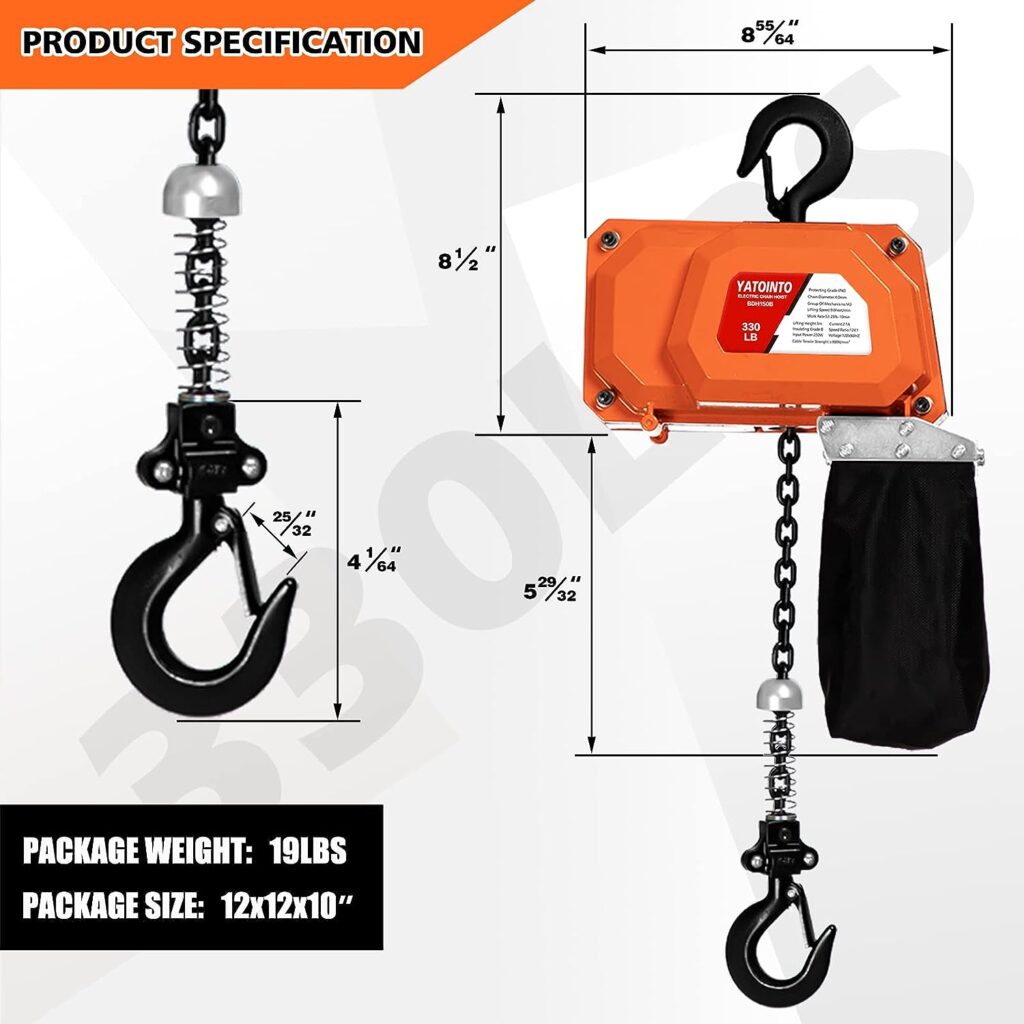 YATOINTO 330LBS Electric Chain Hoist, 120V Winch with 5ft Wired Remote Control, Single Phase Overhead Crane Garage Ceiling Pulley Winch Hook Mount, 9.8ft Lift Height, w/Emergency Stop Switch