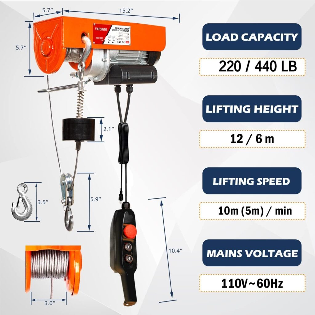YATOINTO Electric Hoist 440LBS / 220LBS Load Capacity Electric Winch 19ft / 39.4 ft Lifting Hight Garage Hoist Wired Remote Control System with Emergency Stop Switch Crane for Garage Ceiling Overhead