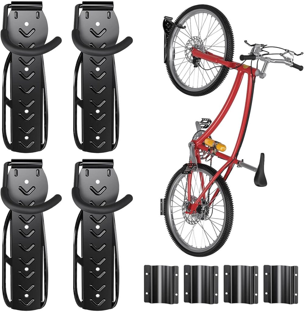 Bike Rack Hook Wall-Mount Bike Hanger with Tire Tray for Garage Storage 4-Pack Easily Hang/Detach Storage System for Indoor