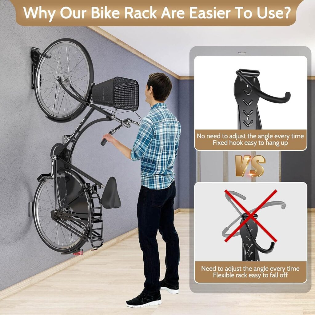 Bike Rack Hook Wall-Mount Bike Hanger with Tire Tray for Garage Storage 4-Pack Easily Hang/Detach Storage System for Indoor