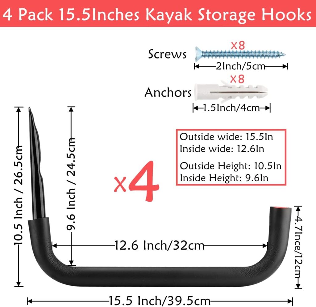 Naikozmo Garage Storage Kayak Hooks, 15.5 Inch Heavy Duty Storage Hanger, Wall Mounted Rack for Hanging Canoe Paddleboard, Surfboard, Snowboard, Ladders, Bikes, Black and Red, 15.5Inches x 10.8Inches