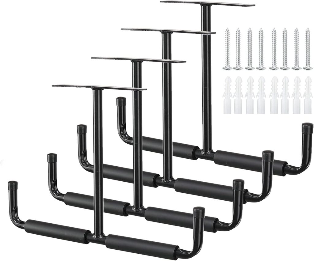 Overhead Garage Storage Hooks, Heavy Duty Double Ceiling Rack, 16.5’’ Utility Shed Hangers, Great for Pipe, Lumber, Ladder, Fishing Rod and Ski Board(4Pcs, Black)