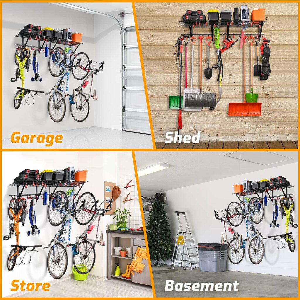 PLKOW Garage Wall Shelving 2-Pack Includes Bike Hooks, Sturdy Adjustable Garage Shelving Wall Mount Garage Wall Organizer (Black, 2-Pack)