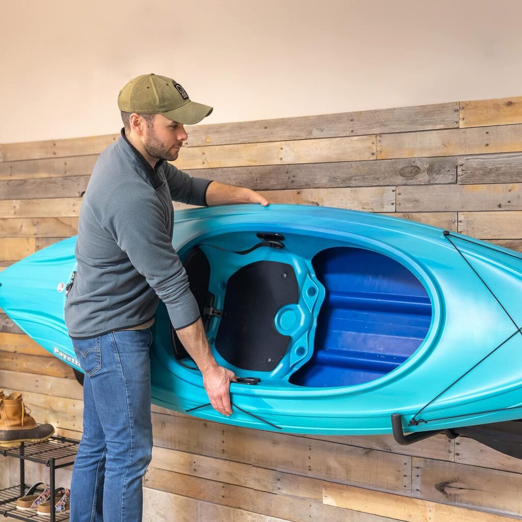 StoreYourBoard Roanoke Kayak Storage Rack, Holds 100 lbs, Kayak Wall Mount Hooks, Kayak Rack for Garage, Space Efficient Indoor Kayak Holder, Solid Steel, Protective Padding
